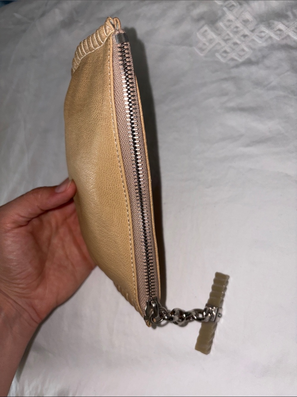 Tan Leather Wristlet Pouch with Chain Pull - Picture 3 of 7